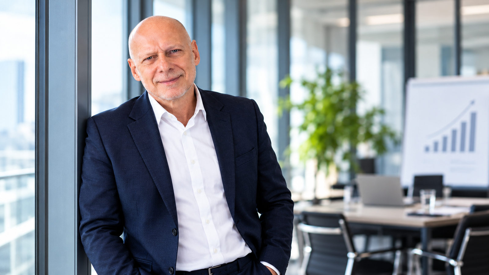 Rainer Alt in einem hellen modernen Büro, dunkelblaues Sakko, offenes weißes Hemd.