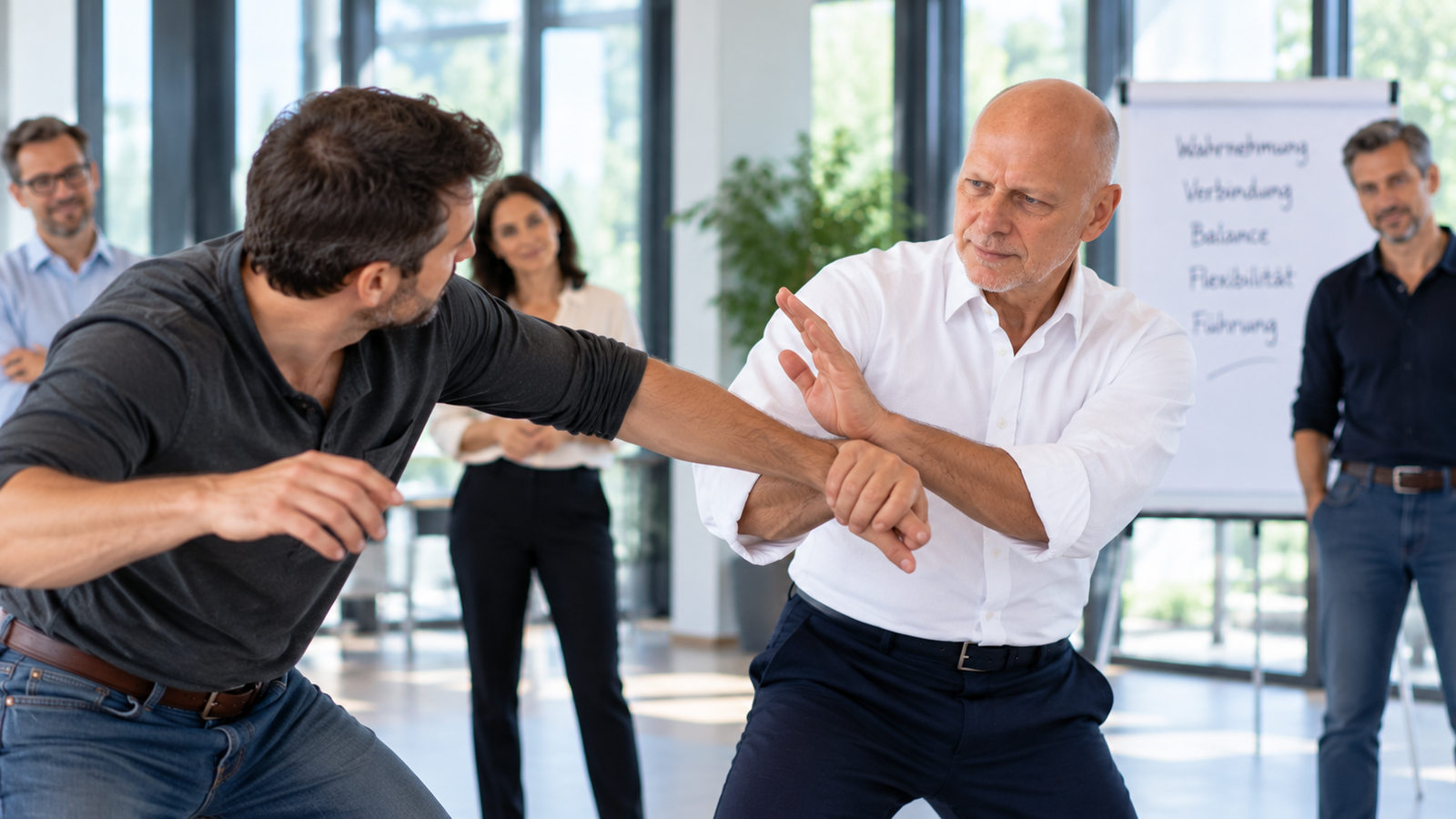 Rainer Alt demonstriert eine Aikido-Bewegung in einem Business-Workshop mit einem Teilnehmer in Freizeitkleidung.