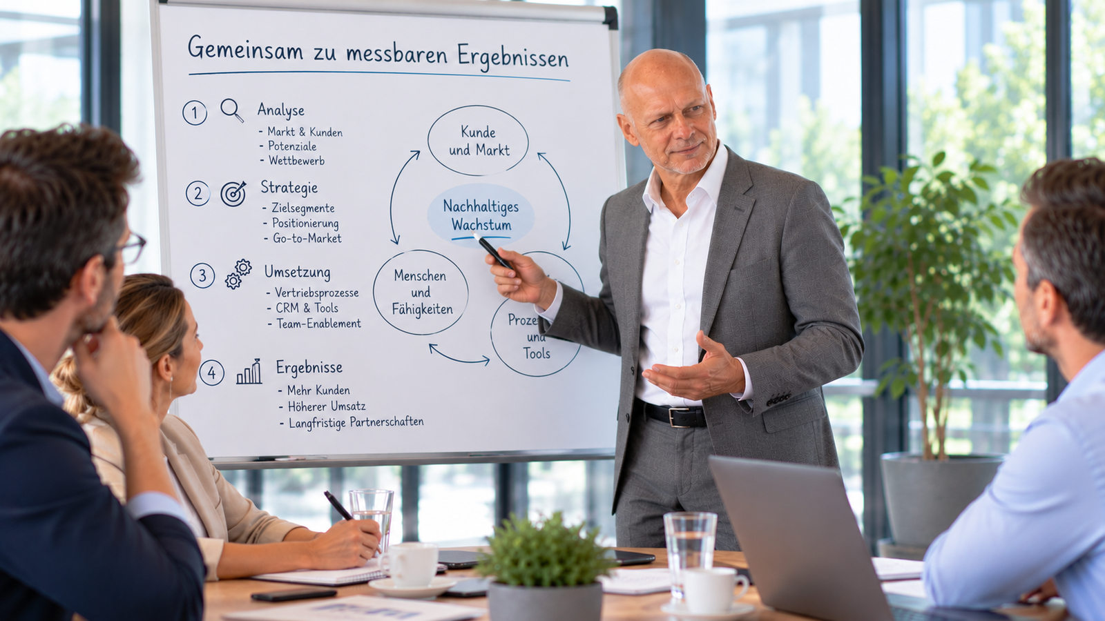 Rainer Alt stellt einem Team sein Vorgehen von Analyse über Strategie bis Umsetzung und Ergebnissen vor.